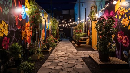 Fototapeta na wymiar Enchanting Urban Oasis: Vibrant Murals, Vertical Gardens, and String Lights Illuminate a Once-Neglected Alleyway, Creating a Thriving Community Haven