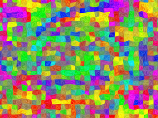 Abstrakcyjna geometryczna mozaika nieregularnych trapezowych, prostokątnych i innych nieregularnych kształtów w żywej kolorystyce - tło, cyfrowy efekt malarski 