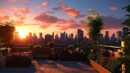 Serenity in the Skyline: Captivating Sunset Silhouettes of Urban Rooftop Garden amidst City's...