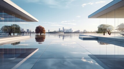 Urban Serenity: Reflective Waters Embrace Modern Marvels, Evoking Peace in the Cityscape