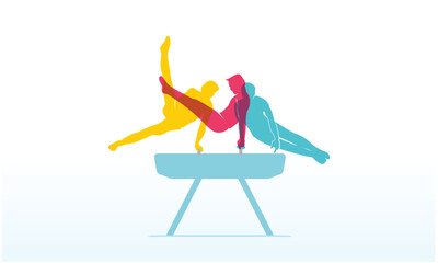 Colorful vector editable gymnastic pommel horse male poses for any graphic background	