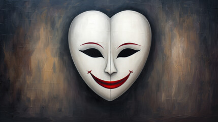 A white mask on a wall bears a wide, slightly evil grin, reminiscent of a joker or kabuki mask.
