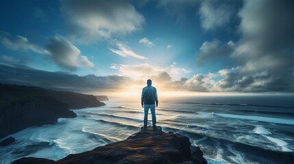 Solitude's Edge: Embracing the Infinite Horizon - Inspiring Silhouette of a Cliffside Voyager Gazing upon the Majestic Ocean and Boundless Sky
