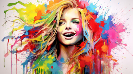An expressive painting features a woman with a face adorned by colorful paint splatters.