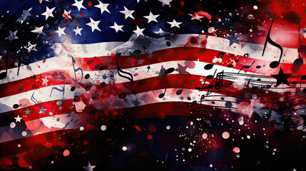 Abstract American flag and music notes, fourth of july patriotic concept - obrazy, fototapety, plakaty