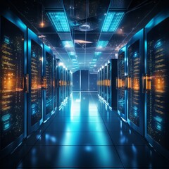 Fototapeta premium Powerful and Secure: Illuminating the Future of High-Tech Cybersecurity in a Glowing Server Room Data Center