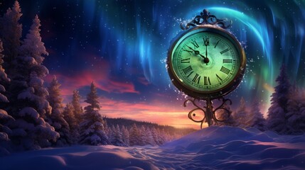 Timeless Wonder: Northern Lights, New Year's Fireworks, and a Snowy Clock in a Captivating Winter...