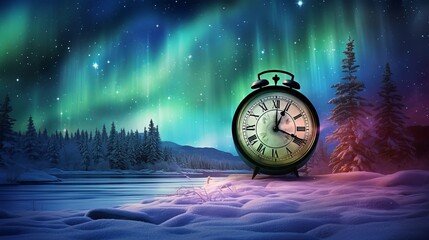 Timeless Wonder: Northern Lights, New Year's Fireworks, and a Snowy Clock in a Captivating Winter...