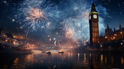 Midnight Majesty: Captivating Clock Tower Illuminated by Dazzling Fireworks, Reflecting in Serene River