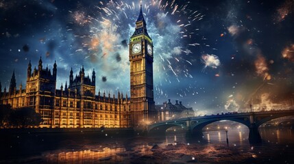 Midnight Majesty: Captivating Clock Tower Illuminated by Dazzling Fireworks, Reflecting in Serene...