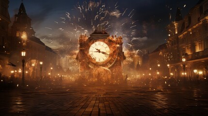 Timeless Splendor: Ancient Clock and Modern Fireworks Illuminate Historic City Square, Capturing...