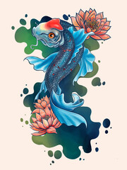 Hand Drawn Koi Fish Illustration in Blue with Lotus Flowers 