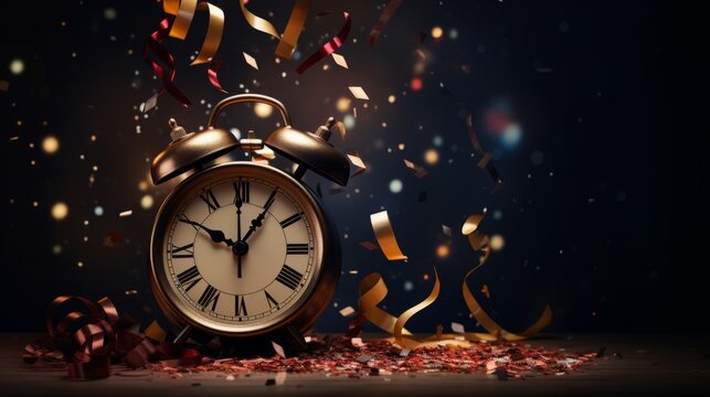 Countdown to Celebration: Sparkling New Year's Eve Clock with Bursting Champagne Cork - Festive Stock Image