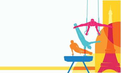Great editable vector file of gymnastic ring and pommel horse players silhouette in the front of paris skyline with classy and unique style best for your digital design and print mockup