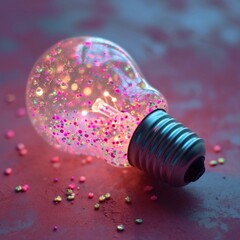 A whimsical light bulb illuminating a bottle filled with a rainbow of sprinkles, evoking a sense of playful creativity and bright ideas