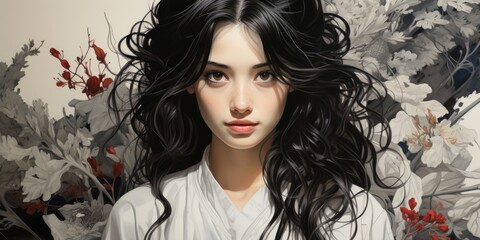 A painting of a woman with long black hair, Korean style graphic illustration