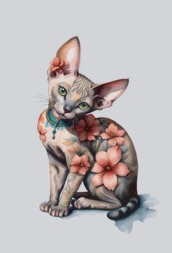 Very cute Egyptian hairless cat with flowers on his fur