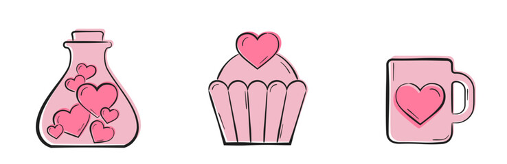 valentine pink icons. love potion, cake and cup with heart. love and romantic symbols. valentines day design