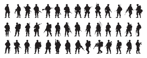 Soldier and army force silhouette icon set with weapons. Large military vectors collection.  - obrazy, fototapety, plakaty