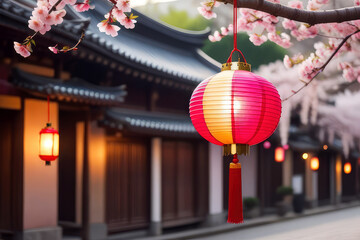 Chinese paper lantern on a blurred street with blossom tree background.Generative AI