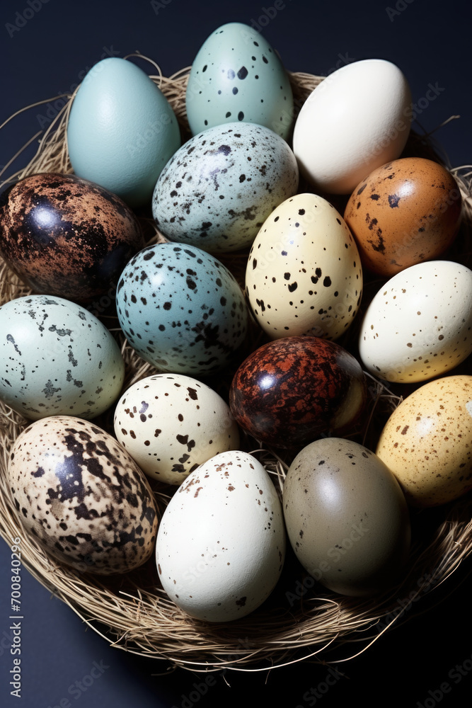 Poster a basket filled with different colored eggs on top of a table various eggs from different birds, col