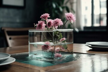 A vase holding pink flowers submerged in water placed on a table. Generative AI