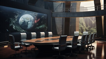 Powerful Collaboration: Futuristic Corporate Boardroom with Cutting-Edge Technology and Luxurious...