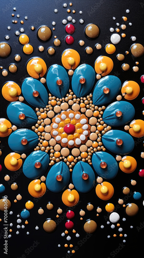 Poster close-up on colorful mandala, ornate geometric pattern with point dots in orange and cyan on dark ba