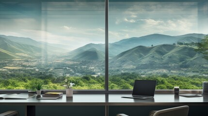 Nature's Serenade: A Breathtaking Escape from the Office Grind - Surreal Mountain Vistas Inspire Tranquility and Productivity - obrazy, fototapety, plakaty