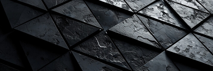 Fond d'un mur noir, texture ardoise, formes triangles, mosaïque. Ambiance sombre. Reflet et lumière. Arrière-plan pour conception et création graphique.	