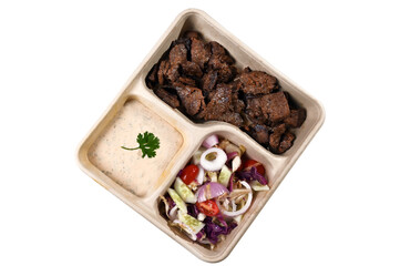biodegradable lunch tray with roast meat salad herb sauce healthy food protein