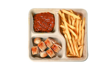 food tray french fries sausage white sausage and red sauce german food
