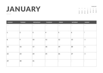 Monthly page Calendar Planner Templates of January 2024. Vector layout of simple calendar with week start Monday for print. Page for size A4 or 21x29.7 cm
