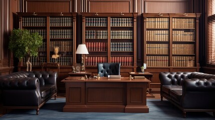 Timeless Elegance: Inspiring Legal Office with Leatherbound Books, Exquisite Woodwork, and Prestigious Certifications