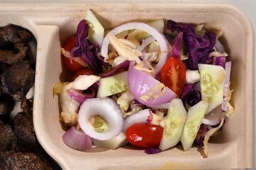 biodegradable lunch tray with roast meat salad herb sauce healthy food protein