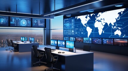 Global Insights Unleashed: Commanding the Future with Cutting-Edge Digital Control Center - obrazy, fototapety, plakaty