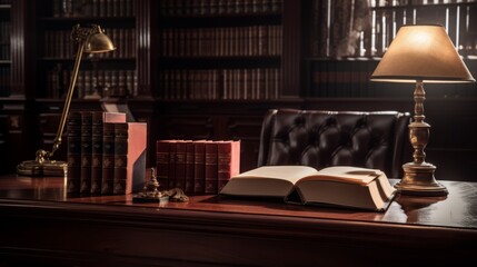 Timeless Elegance: Vintage Attorney's Office with Leatherbound Law Books, Mahogany Desk, and Warm Glow of Vintage Lamp
