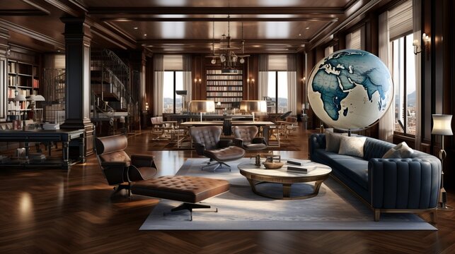Power and Prestige: A Captivating Executive Office with a Sophisticated Personal Library, Globe Bar Cart, and Private Seating Area for High-Level Discussions