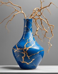 Blue vase with Kintsugi style gold-filled cracks
