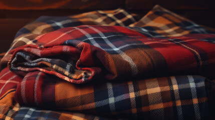 Pile of flannel shirts, very colorful, plaid fabric texture - obrazy, fototapety, plakaty