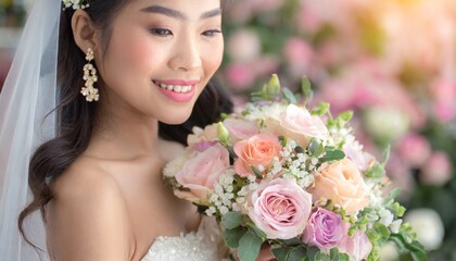 Beautiful woman dressed as a bride, with a white dress and a bouquet of flowers. Beautiful Asian woman with black hair. Girl about to get married or recently married.