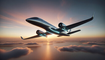 Sleek electric aircraft soaring over serene ocean at sunset.