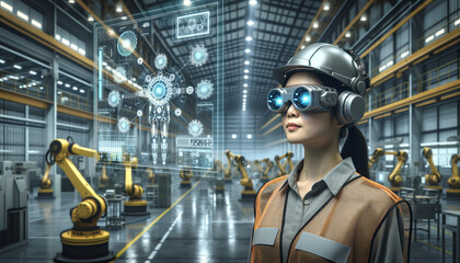 Modern engineer using sleek AR goggles in industrial workshop.