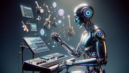 AI Music Maestro: Futuristic robot composing and conducting with metallic sheen and iridescent instruments.