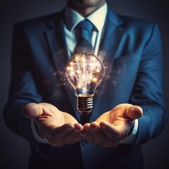 Empower ideas with a lightbulb in a businessman's hand, symbolizing innovation and network connection. A suit-clad figure harnesses creativity, radiating brilliance and success. - obrazy, fototapety, plakaty