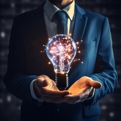 Empower ideas with a lightbulb in a businessman's hand, symbolizing innovation and network connection. A suit-clad figure harnesses creativity, radiating brilliance and success. - obrazy, fototapety, plakaty