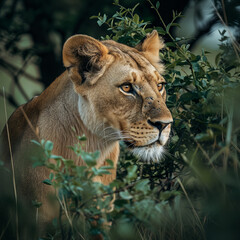 Wild Lioness in Bushes