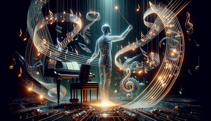 Surreal AI Conductor orchestrating a symphony of binary code amidst cosmic dreamscape