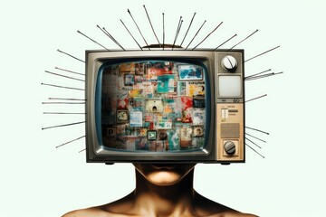 Surreal Collage of Person with Vintage Television for Head Displaying Images