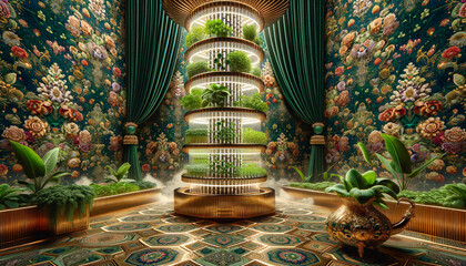 Futuristic vertical agriculture greenhouse with lush green plants and opulent surroundings.